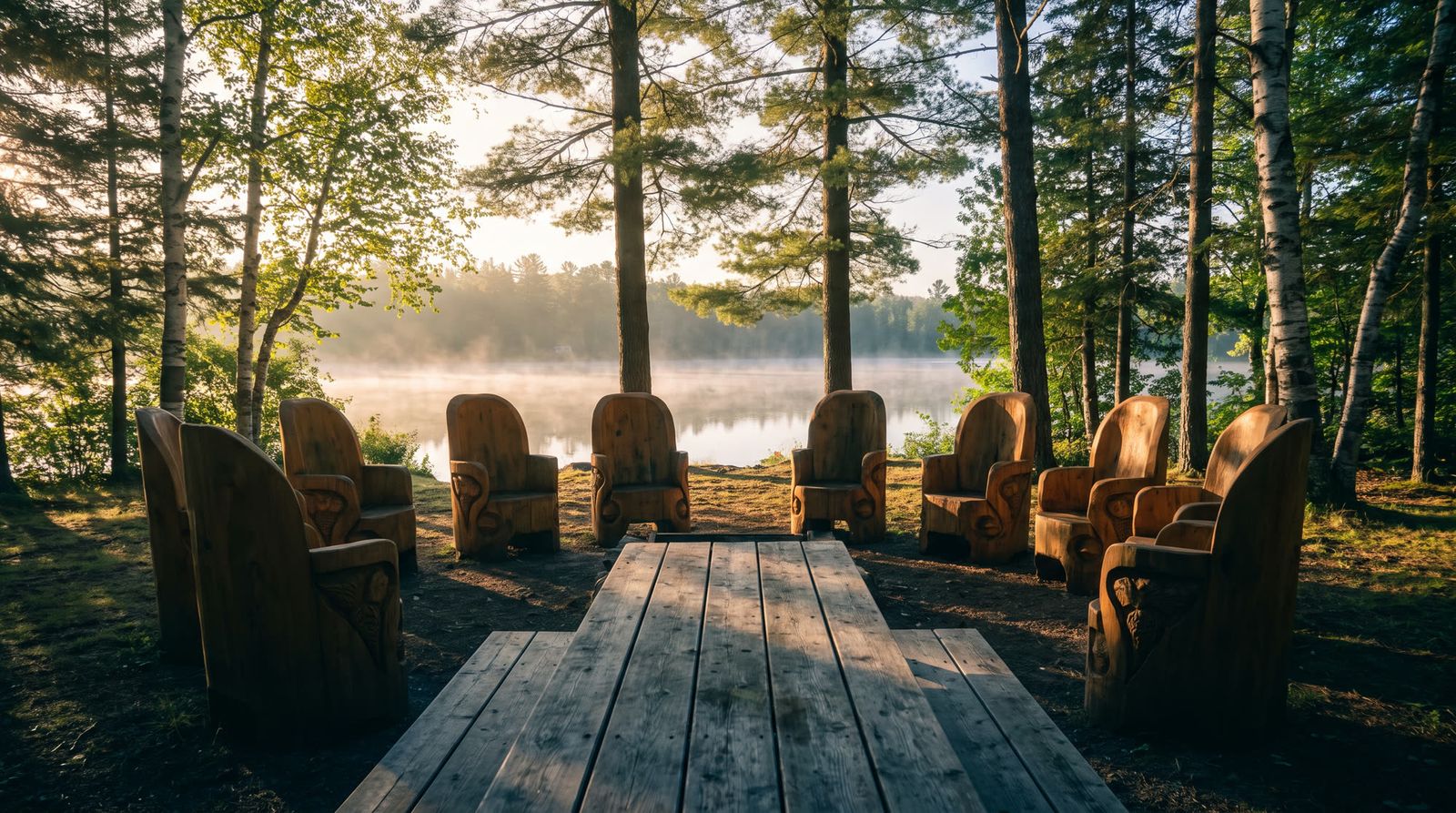 A circle of cedar seats and a long table in a lakeside clearing at golden hour
