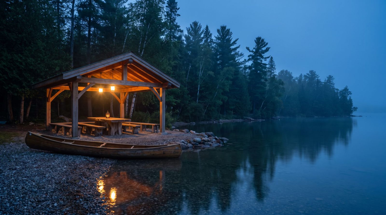 A cedar pavilion glowing at dusk on the lakeshore
