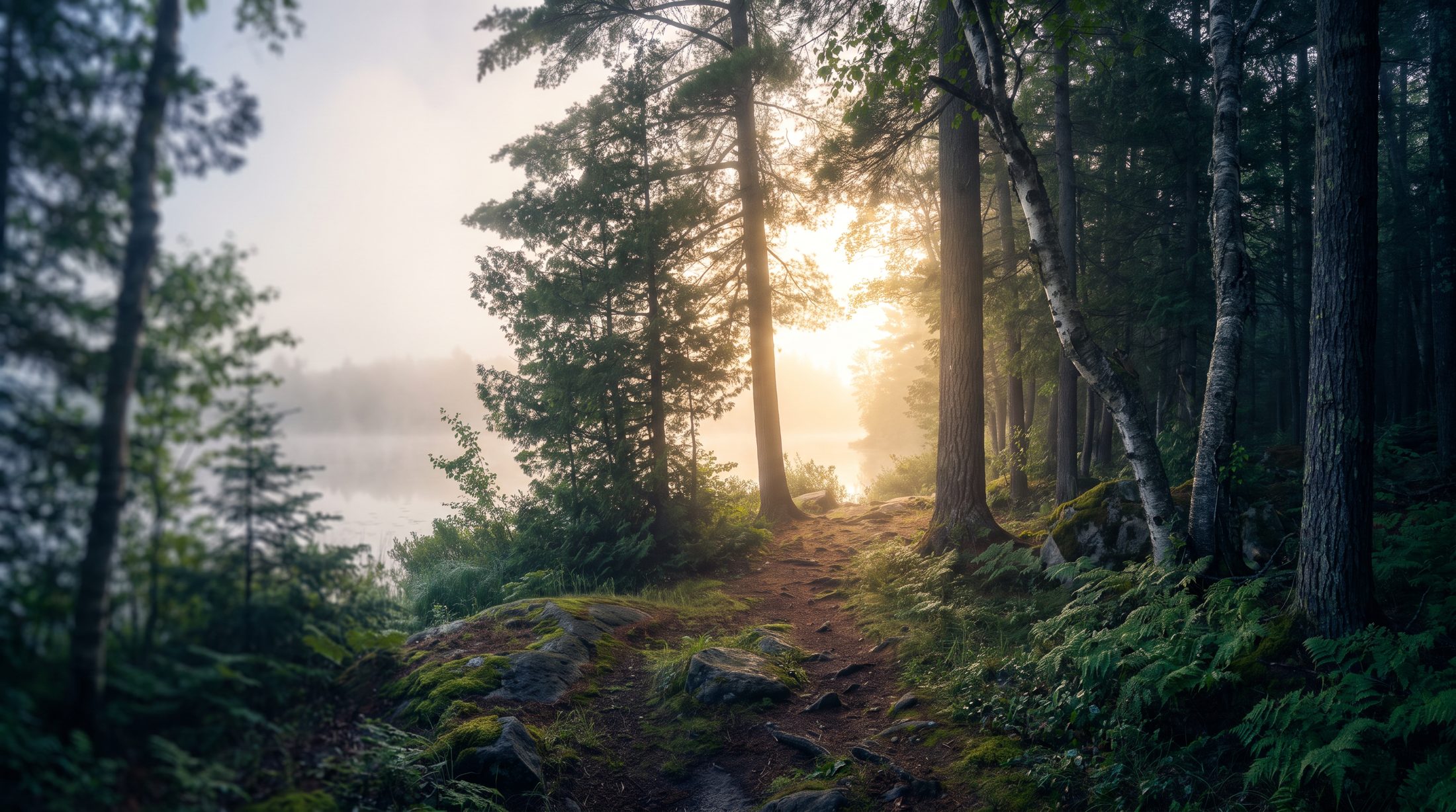 A forest path leading toward golden light at the lake