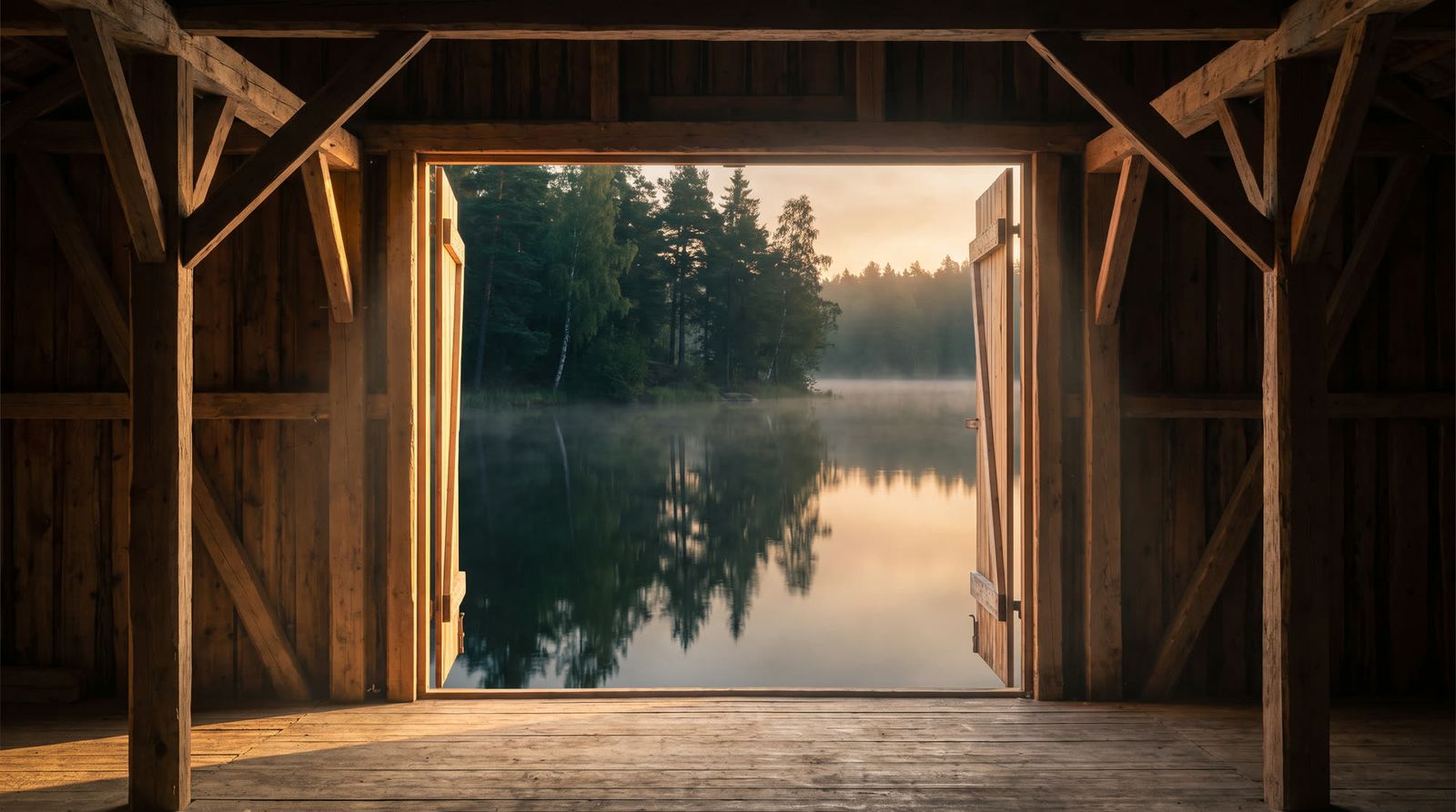 Morning light through an open doorway onto a calm lakeshore
